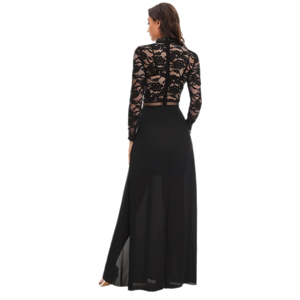 SweatyRocks Maxi Sexy Sheer Lace Long Sleeve Split, Party Dress, Womens Small - Picture 2 of 12